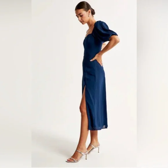 Abercrombie & Fitch Navy Blue Camille Sheer Puff Sleeve MIDI Dress- S - Picture 2 of 10